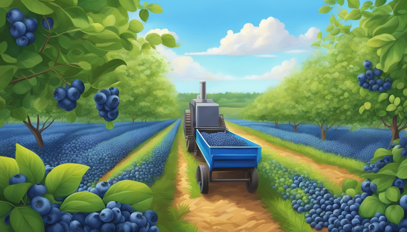 A vibrant blueberry field with ripe fruit and green foliage, with a cold press machine extracting oil from the seeds