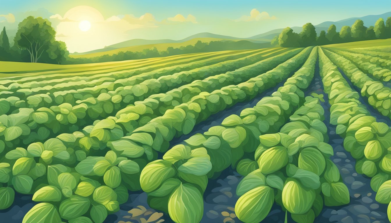 A serene cucumber field under a clear blue sky, with ripe cucumbers ready for harvest, evoking a sense of freshness and natural beauty