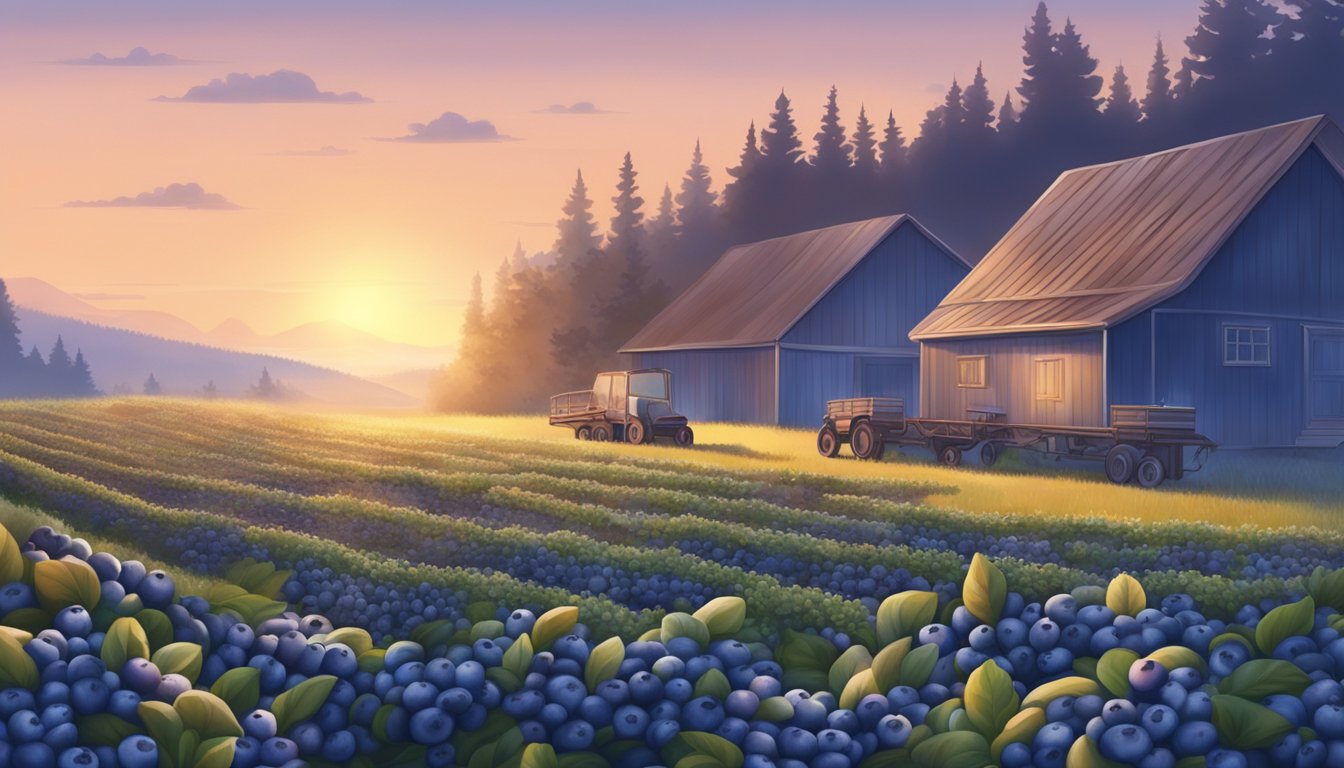 A tranquil blueberry farm at dawn, with rows of ripe blueberries and a small press extracting oil from the seeds