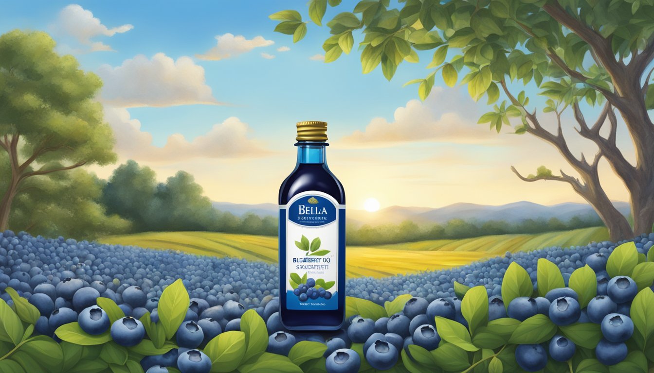 A serene blueberry field under a clear sky, with ripe blueberries hanging from the bushes and the Bella Terra Blueberry Seed Oil bottle placed in the center