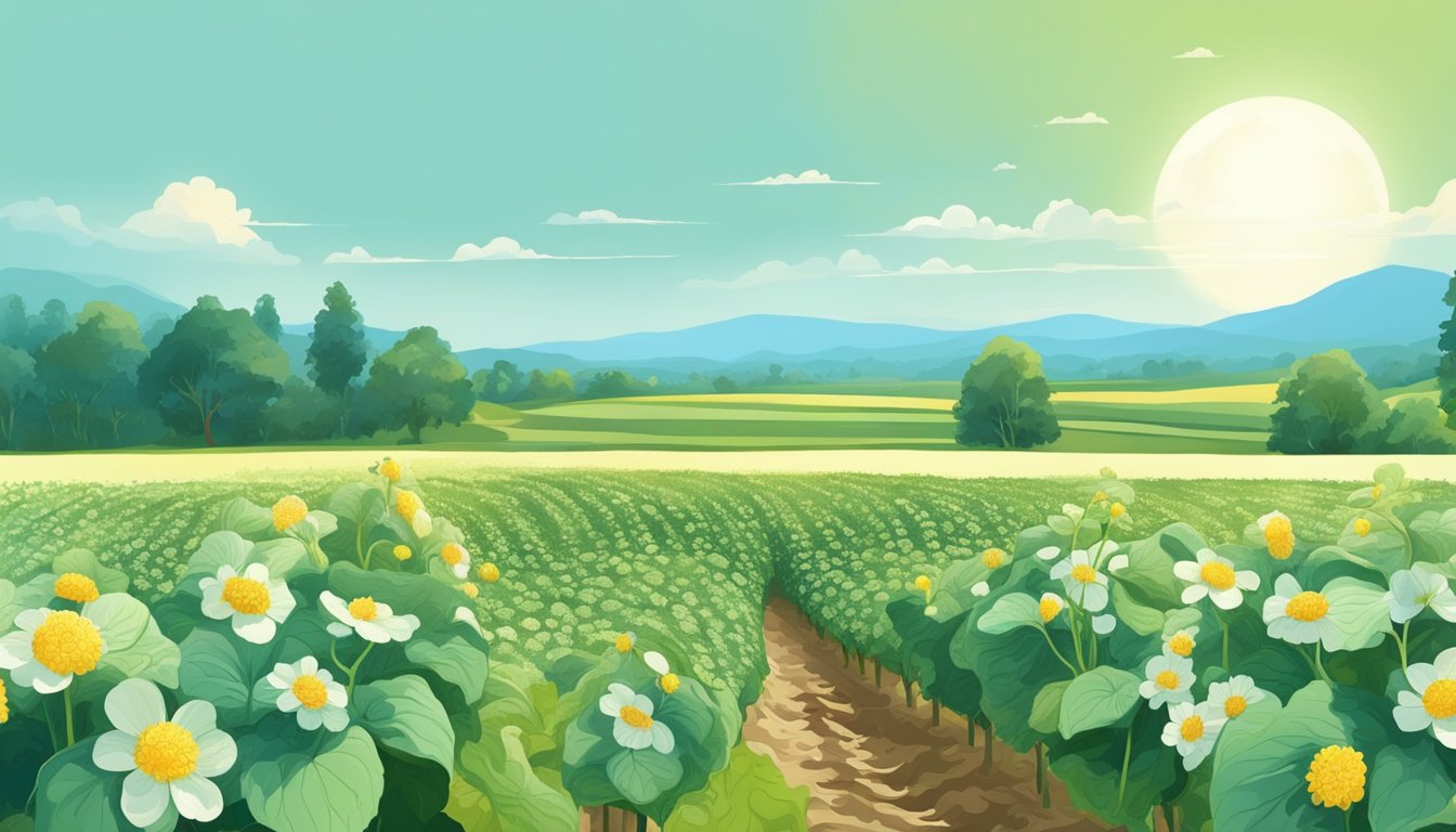 A serene cucumber field with ripe fruits and blooming flowers under a clear blue sky