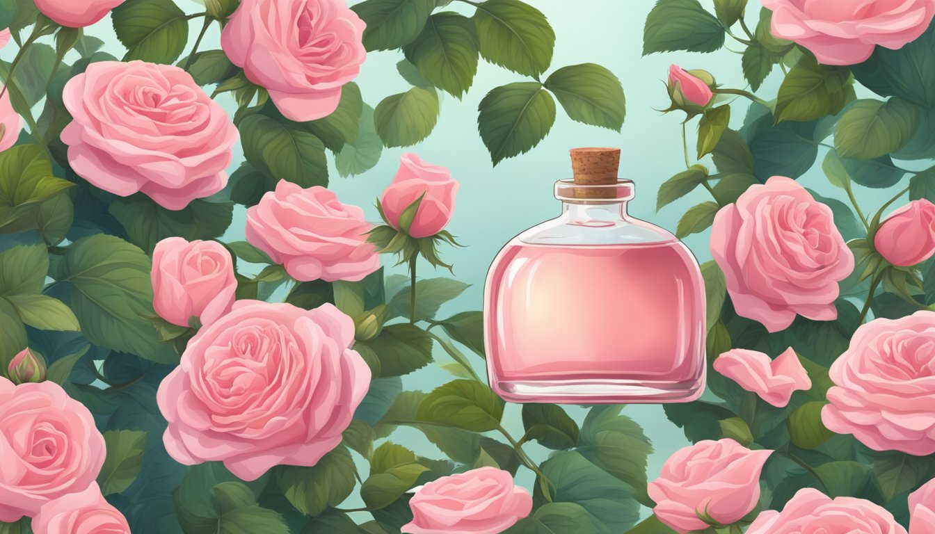 A glass bottle of rose oil surrounded by blooming rose bushes