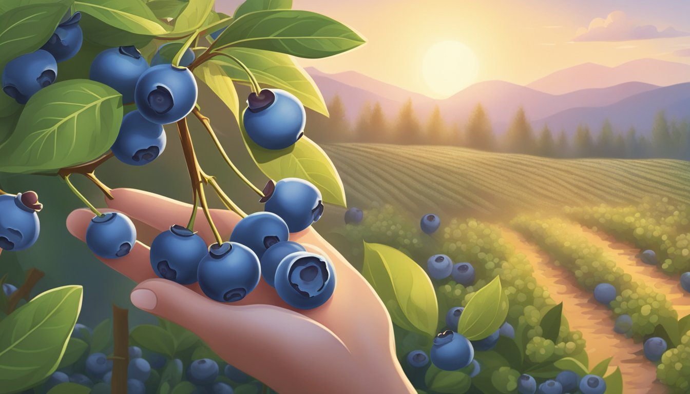 A serene blueberry farm at dawn, with ripe berries glistening in the morning dew. A worker carefully handpicks the plump blueberries for cold pressing