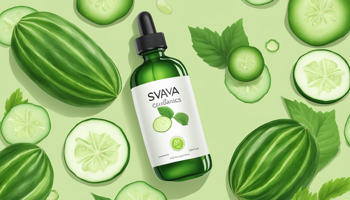 A bottle of SVA Organics Cucumber Seed Oil surrounded by fresh cucumbers and green leaves, evoking a sense of natural skin hydration