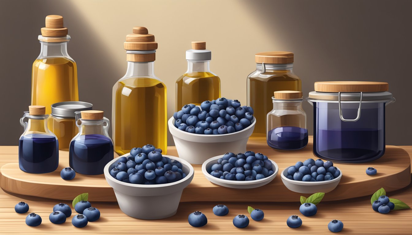 A wooden table with a variety of blueberries, a cold press machine, and bottles of blueberry seed oil lined up for display