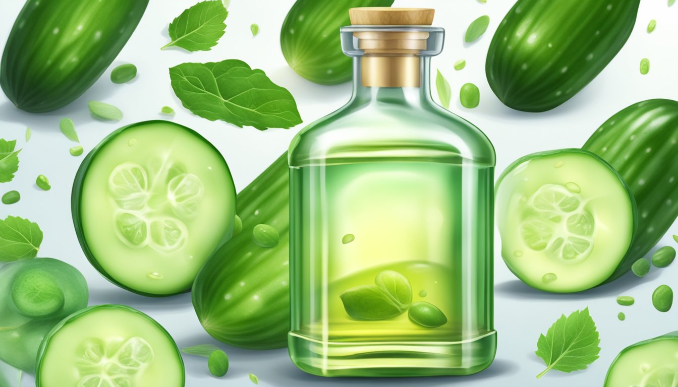 A clear glass bottle of cold pressed cucumber seed oil surrounded by fresh cucumbers and green leaves, with a soft, dewy glow emanating from the oil