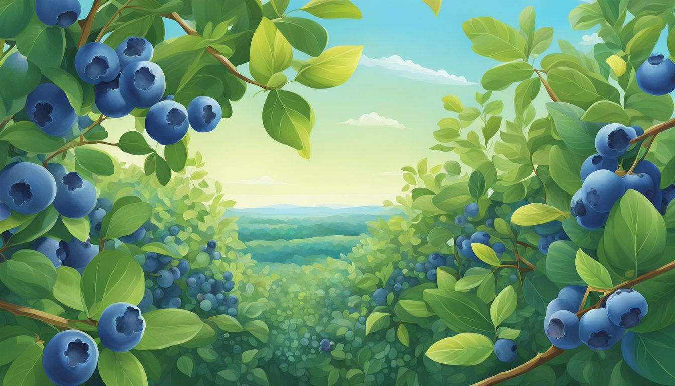 A serene blueberry field with ripe fruit hanging from the branches, surrounded by vibrant green leaves and a clear blue sky overhead