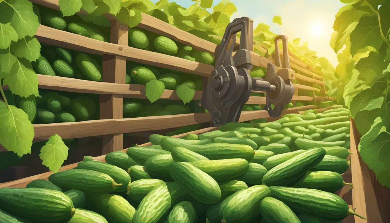 A large, wooden press extracting oil from fresh cucumbers, surrounded by rows of ripe cucumbers in a sunlit garden