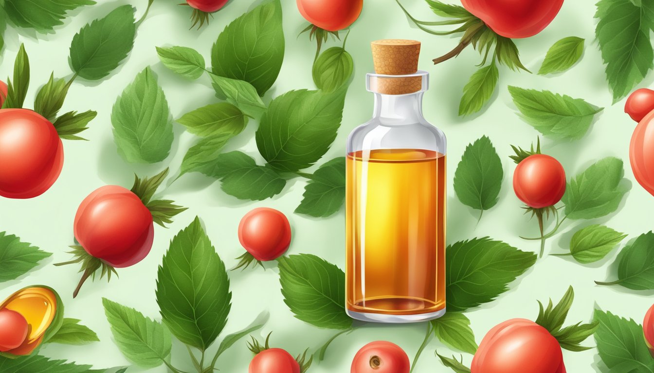 A glass bottle of cold pressed rosehip oil surrounded by fresh rosehip fruits and green leaves