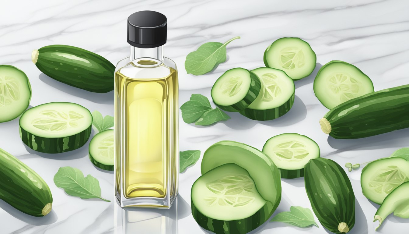 A clear glass bottle of cold pressed cucumber seed oil sits on a marble countertop, surrounded by fresh cucumber slices and green leaves