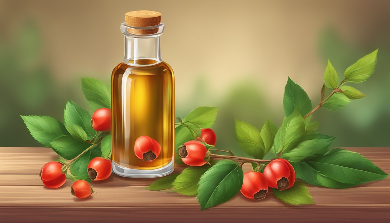 A glass bottle of cold pressed rosehip oil surrounded by fresh rosehip berries and green leaves on a wooden table