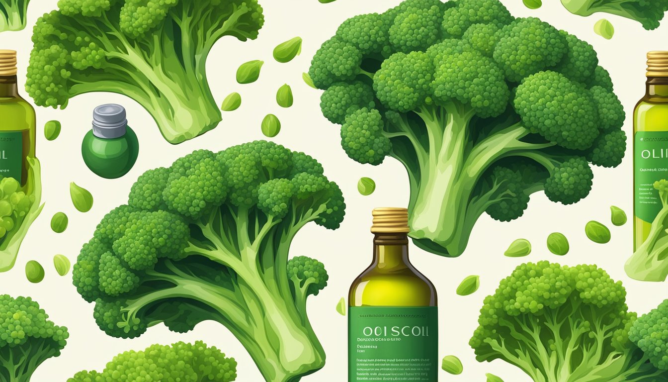 A bottle of OlioScience Broccoli Seed Oil surrounded by fresh broccoli seeds and vibrant green broccoli plants in a field