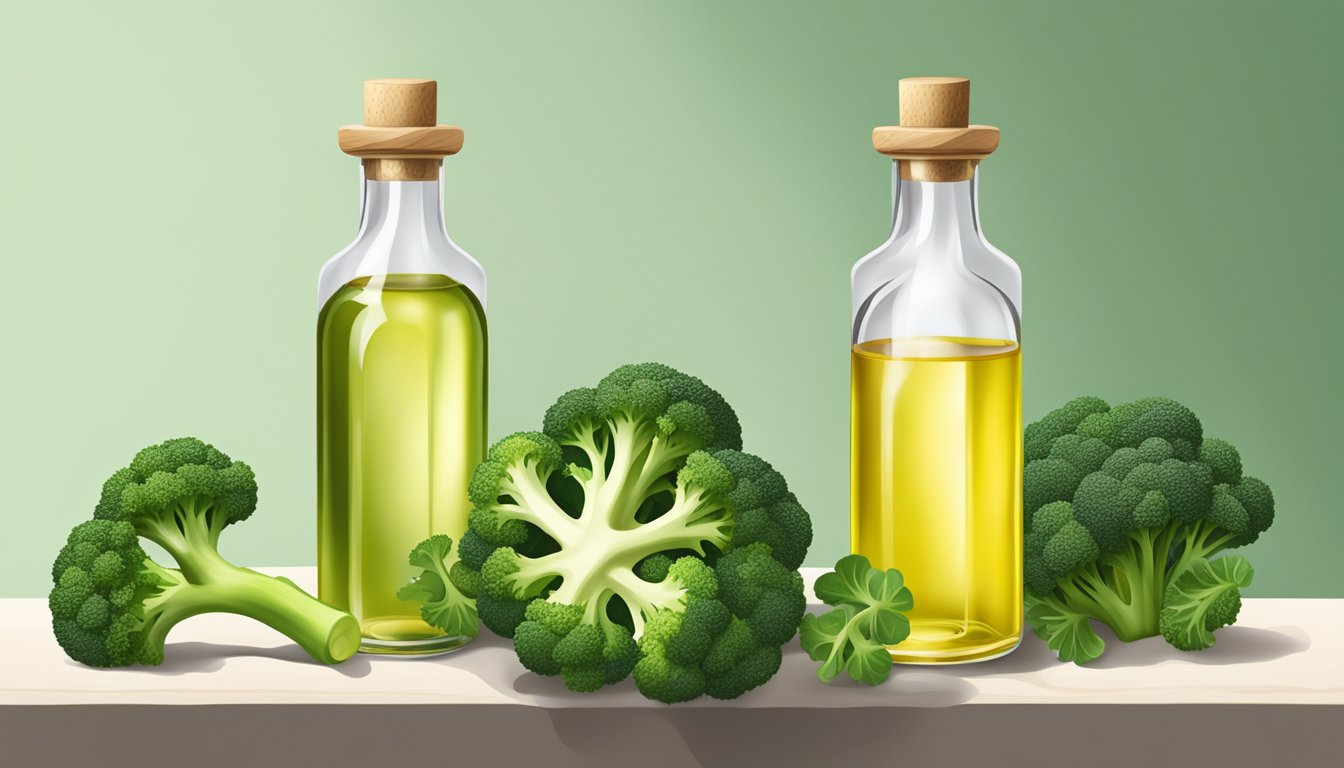 A bottle of 100% Cold-Pressed Virgin Marula Oil next to a bottle of cold pressed broccoli seed oil, with a backdrop of fresh broccoli and marula fruits