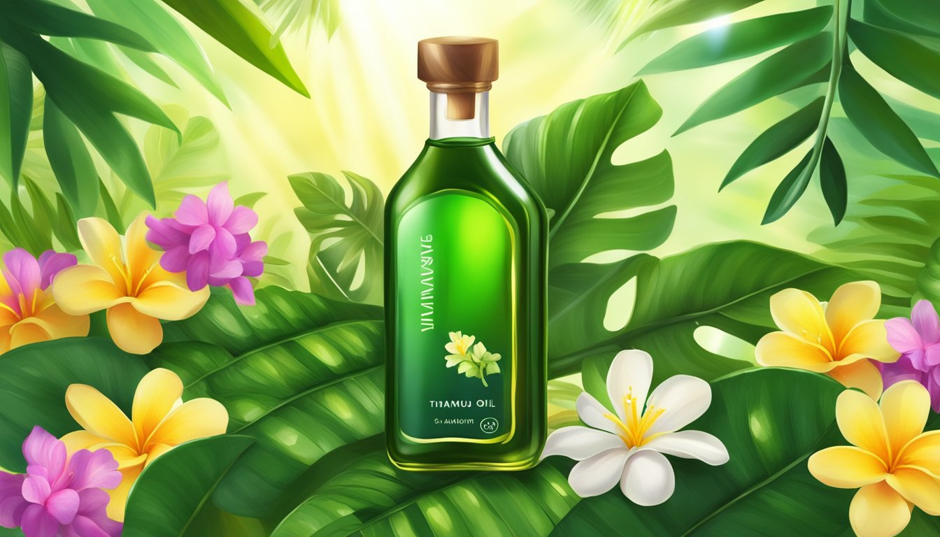 A bottle of Tamanu oil surrounded by vibrant green Tamanu leaves and colorful flowers, with rays of sunlight shining down on the scene