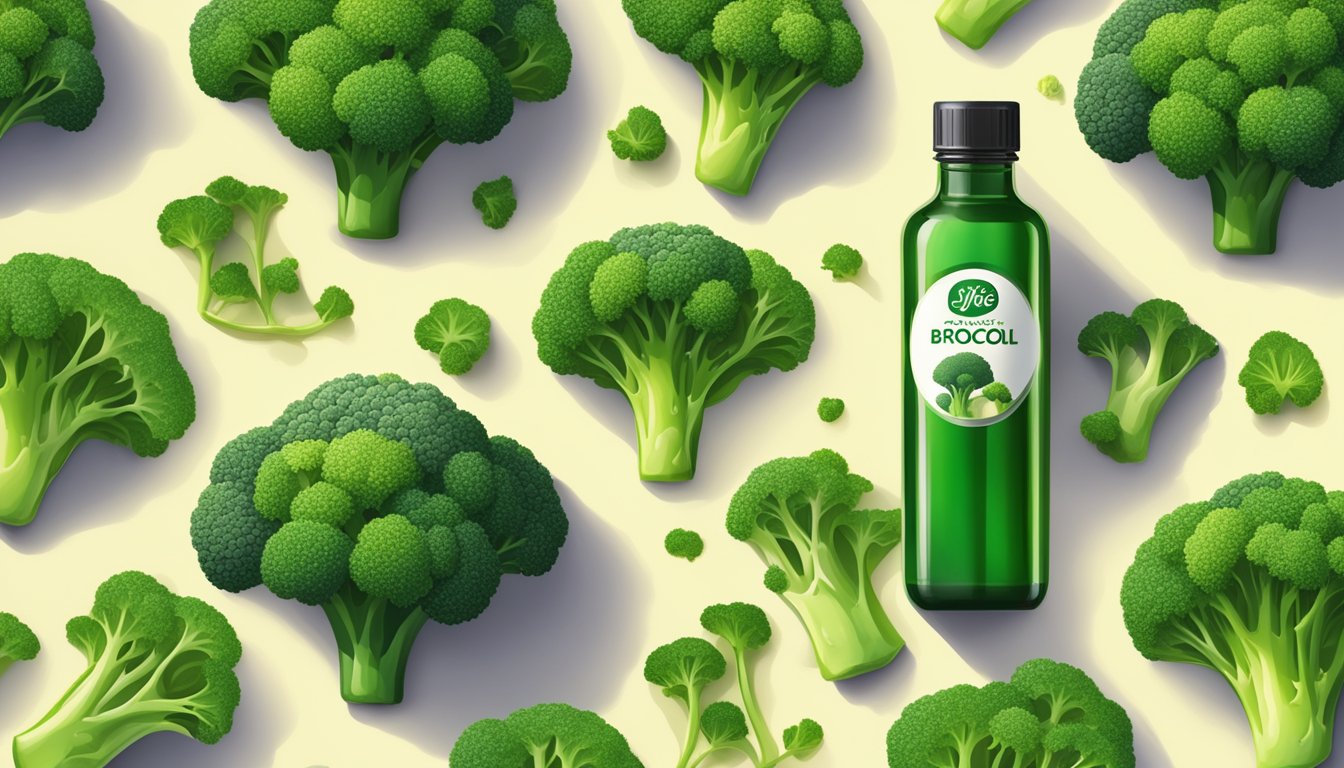 A bottle of Life-Flo Organic Pure Broccoli Seed Oil surrounded by vibrant green broccoli plants and seeds, with rays of sunlight shining down