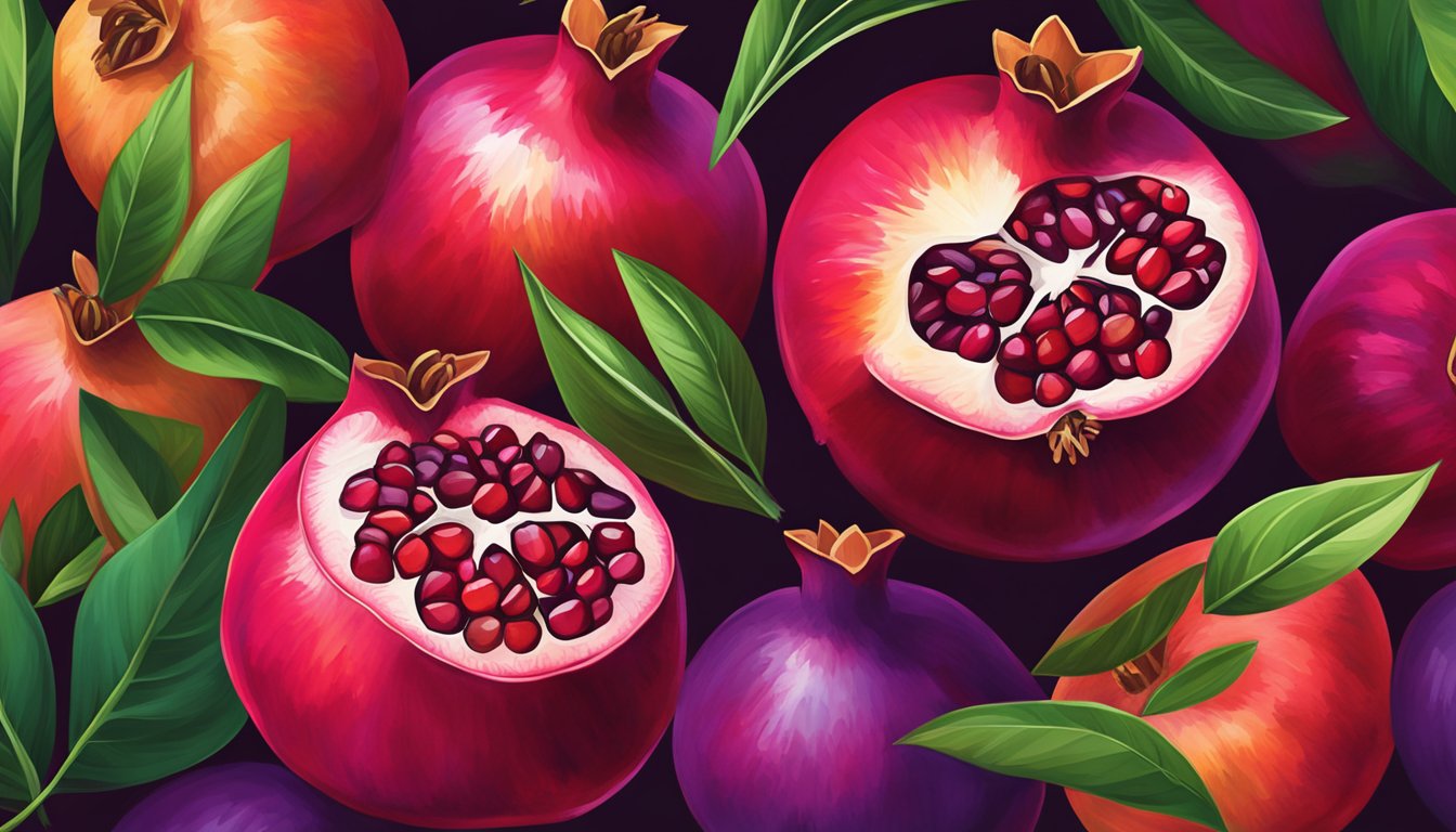 A vibrant pomegranate fruit with seeds spilling out, surrounded by lush green leaves and a backdrop of deep red and purple hues