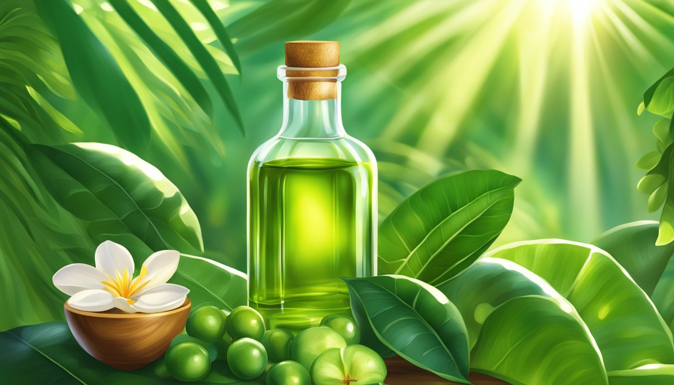 A clear glass bottle of Tamanu oil surrounded by lush green leaves and vibrant Tamanu fruits, with rays of sunlight shining down on the scene