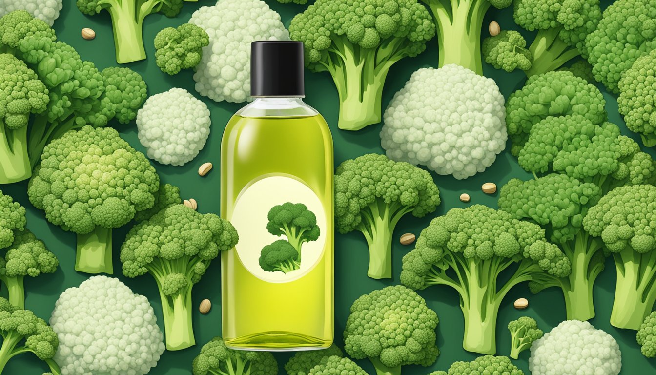 A bottle of PurO3 Fully Ozonated Cold-Pressed Broccoli Seed Oil surrounded by fresh broccoli plants and seeds