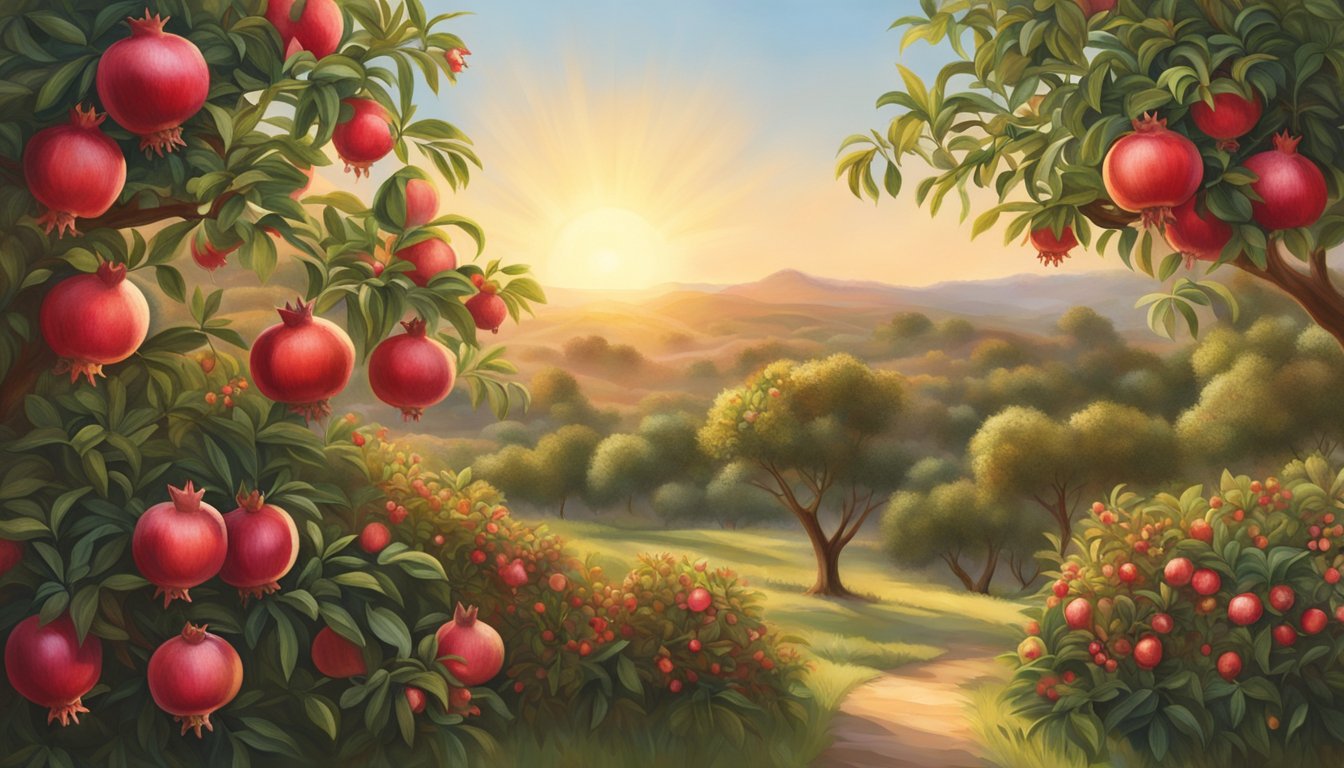 A vibrant pomegranate tree stands tall in a lush garden, its branches heavy with ripe fruit. The sun casts a warm glow on the scene, highlighting the rich red hues of the pomegranate seeds