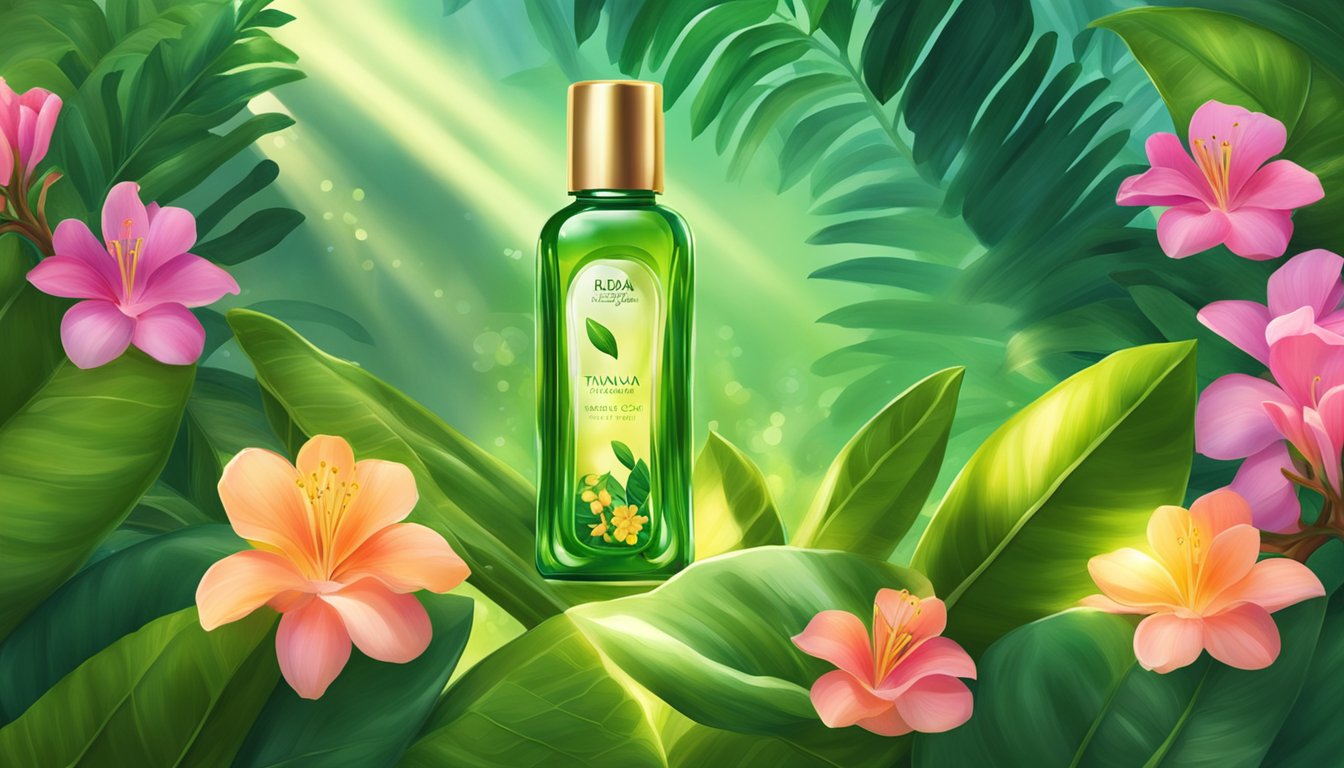 A bottle of Radha Beauty Tamanu Oil surrounded by lush green tamanu trees and vibrant tropical flowers, with rays of sunlight shining through the leaves