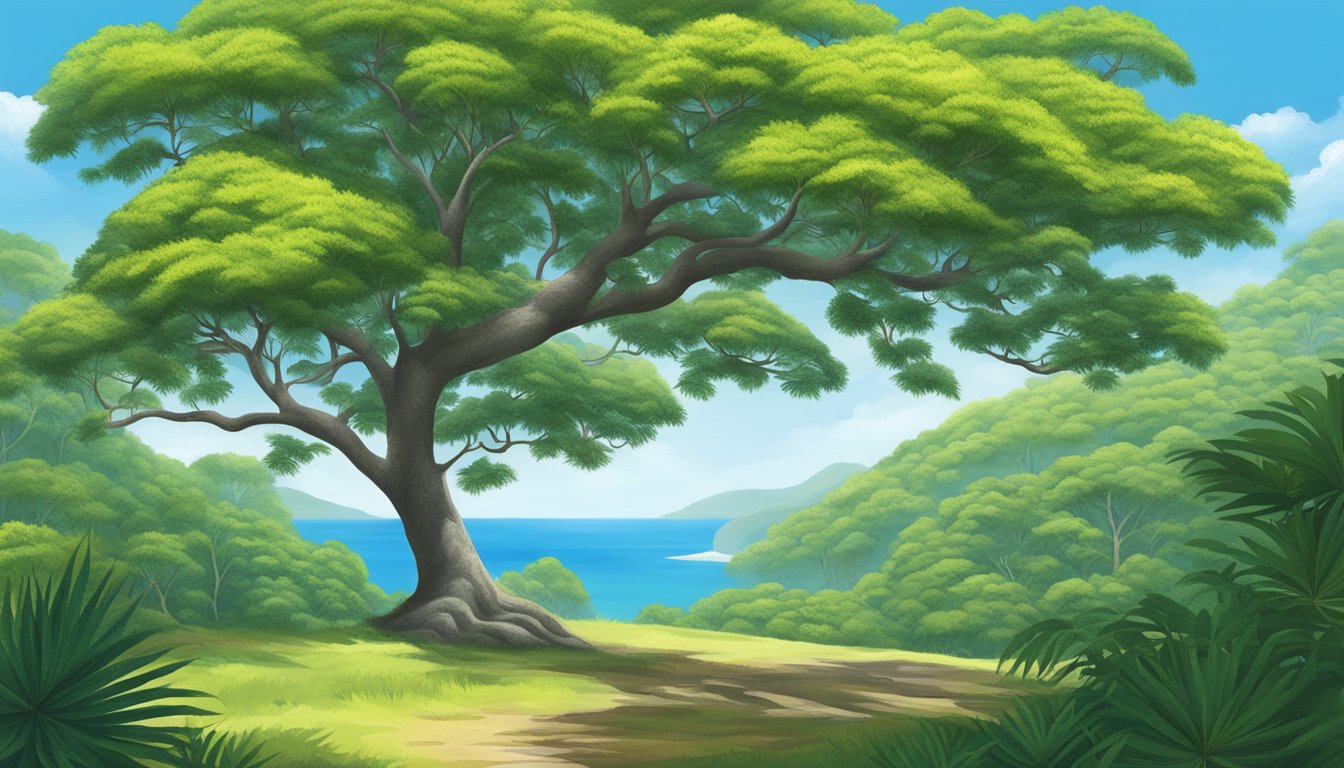 A serene tropical landscape with a tamanu tree, lush foliage, and a clear blue sky