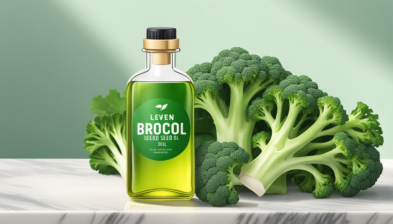 A bottle of Leven Rose Broccoli Seed Oil sits on a marble countertop, surrounded by fresh broccoli and vibrant green leaves