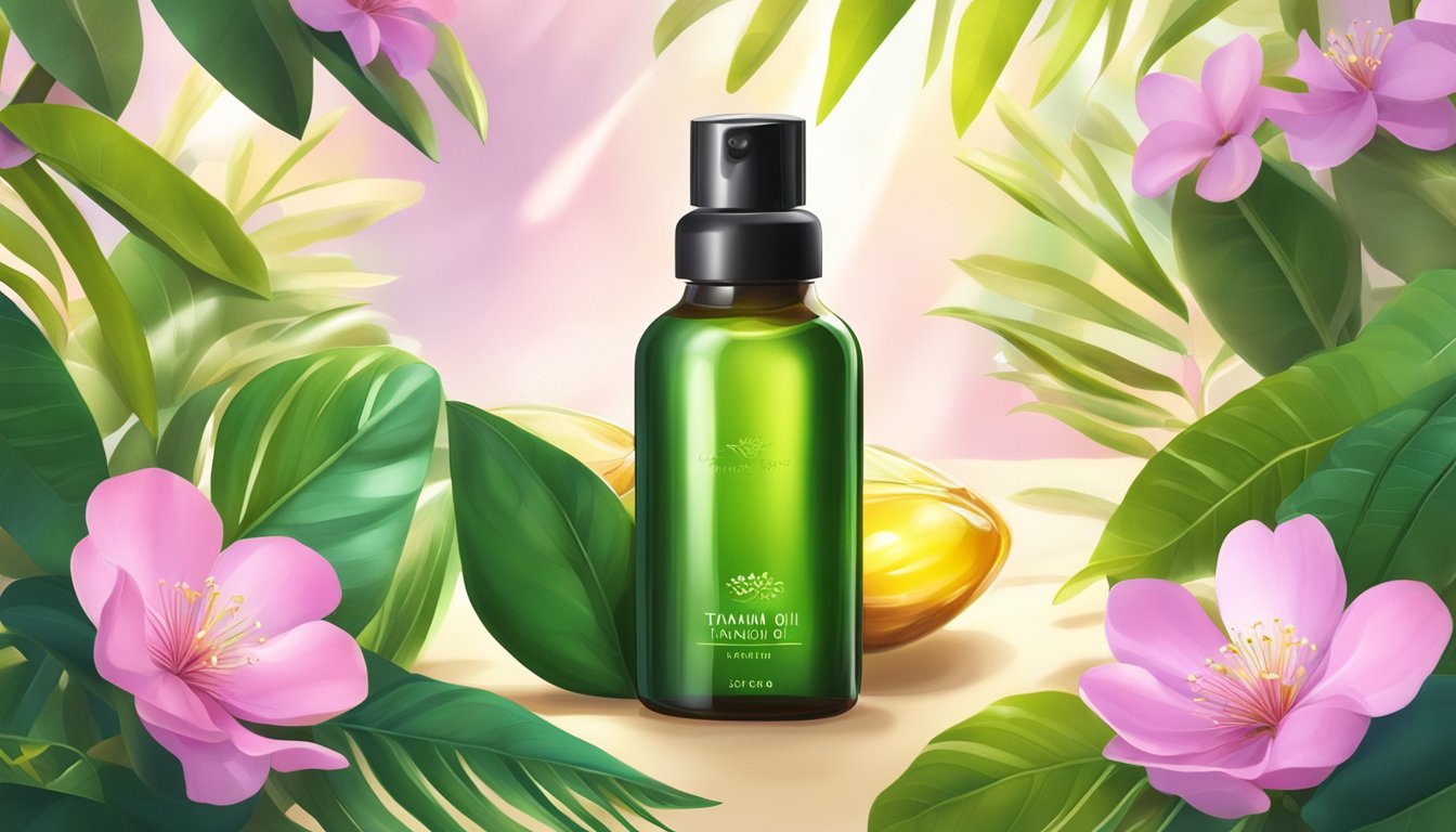 A bottle of Leven Rose Tamanu Oil surrounded by vibrant tamanu leaves and blossoms, with rays of sunlight shining down on it