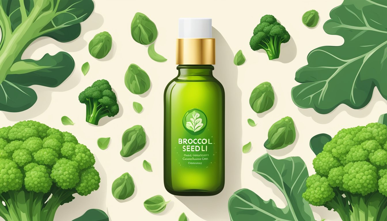 A bottle of Dr. Adorable Cold Pressed Broccoli Seed Oil surrounded by fresh broccoli and vibrant green leaves, evoking a sense of natural beauty and skin health