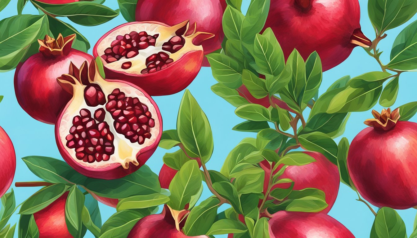 A ripe pomegranate split open, revealing glistening ruby-red seeds against a backdrop of lush green leaves and a clear blue sky