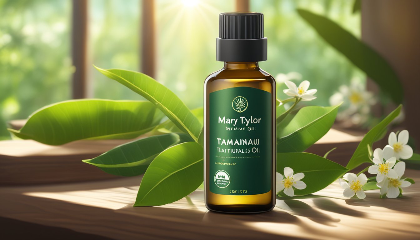 A bottle of Mary Tylor Naturals Tamanu Oil sits on a wooden table, surrounded by lush green leaves and small flowers, with rays of sunlight streaming in from a nearby window