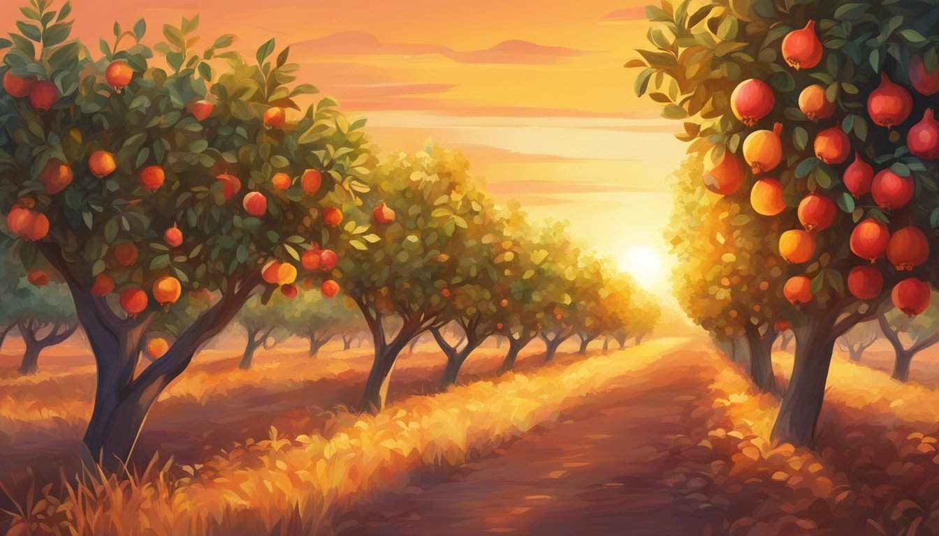 A vibrant pomegranate orchard at sunset, with ripe fruits hanging from the trees and the golden light casting a warm glow on the scene