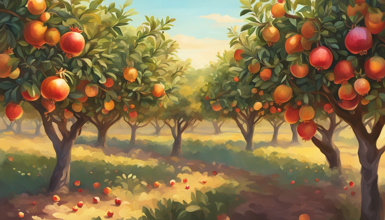 A vibrant pomegranate orchard with ripe fruit hanging from the branches, bathed in warm sunlight