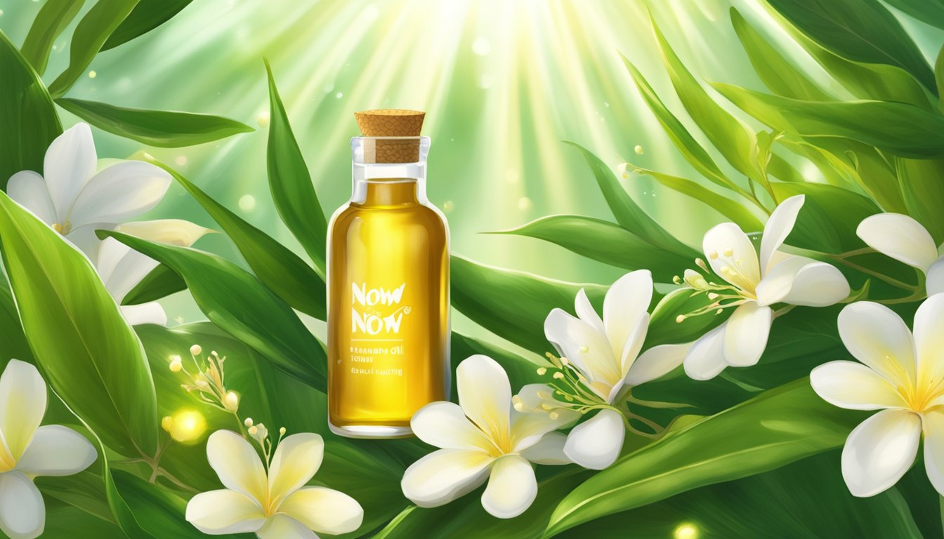 A bottle of Now Solutions Tamanu Oil surrounded by vibrant tamanu leaves and blossoms, with rays of sunlight highlighting the healing properties of the oil