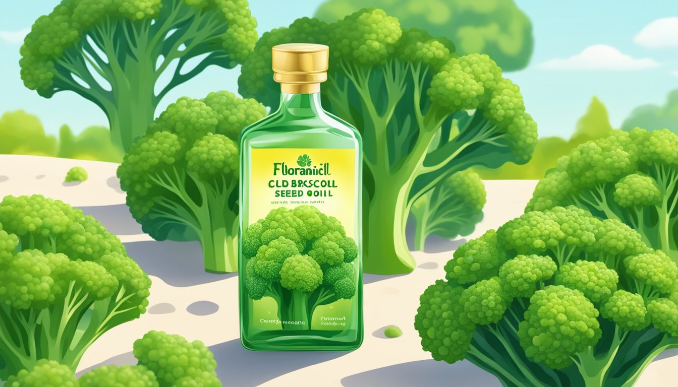 A clear glass bottle of FloraMiel Cold Pressed Broccoli Seed Oil surrounded by vibrant green broccoli plants in a sunny garden