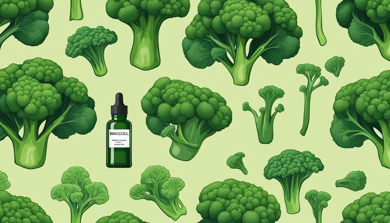 A bottle of Botanics Broccoli Seed Oil surrounded by vibrant green broccoli plants