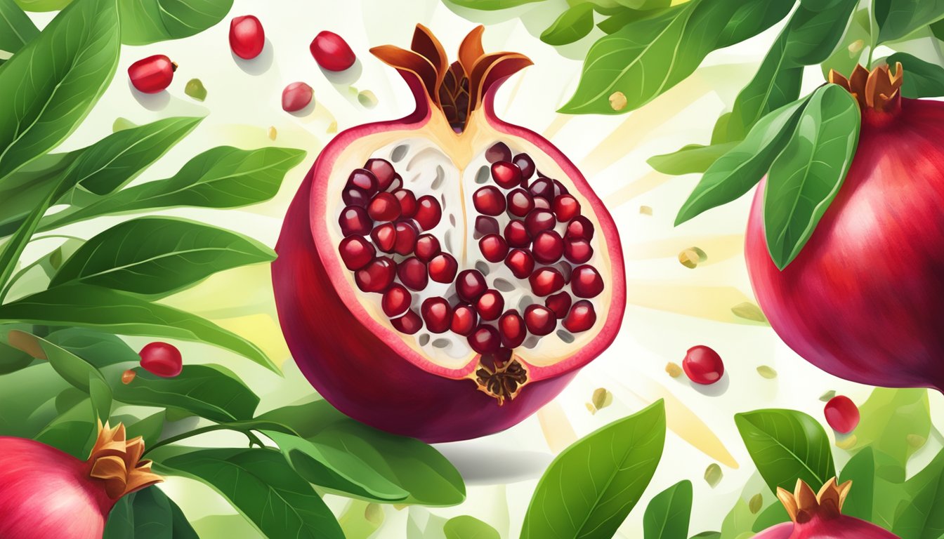 A vibrant pomegranate fruit surrounded by scattered seeds and lush green leaves, with rays of sunlight illuminating the scene