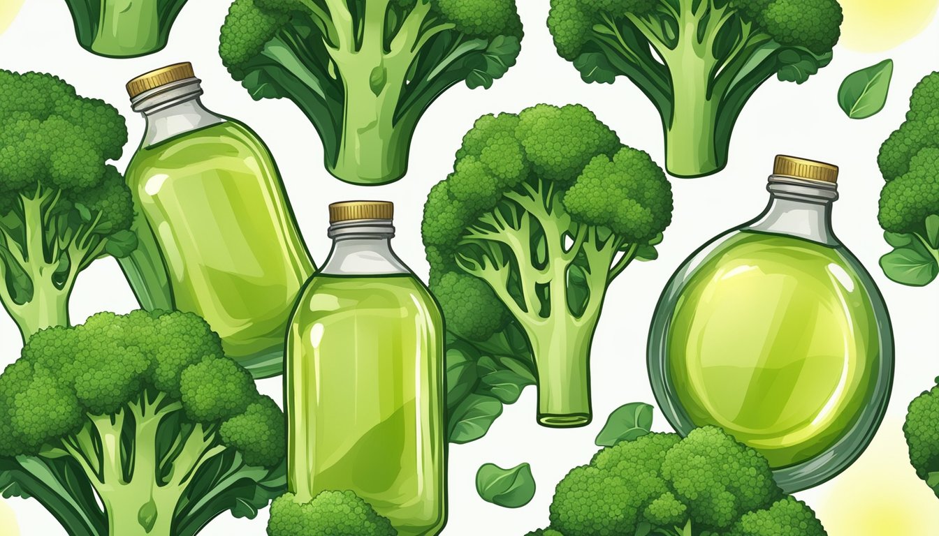 A bottle of cold pressed broccoli seed oil surrounded by vibrant green broccoli plants and leaves, with a soft glow highlighting its skin-boosting benefits