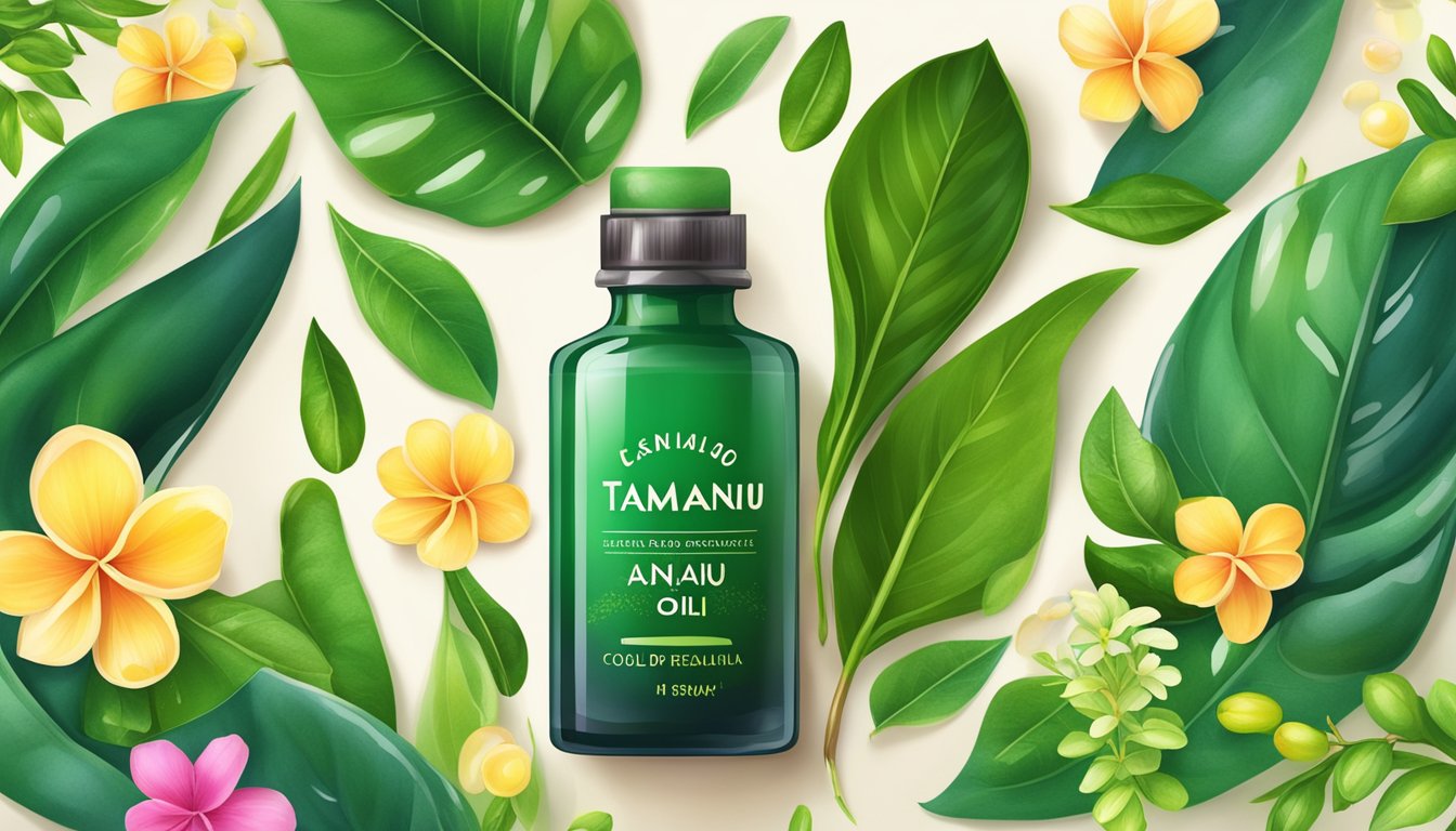 A bottle of cold pressed tamanu oil surrounded by vibrant green tamanu leaves and colorful flowers, symbolizing skin healing and repair benefits