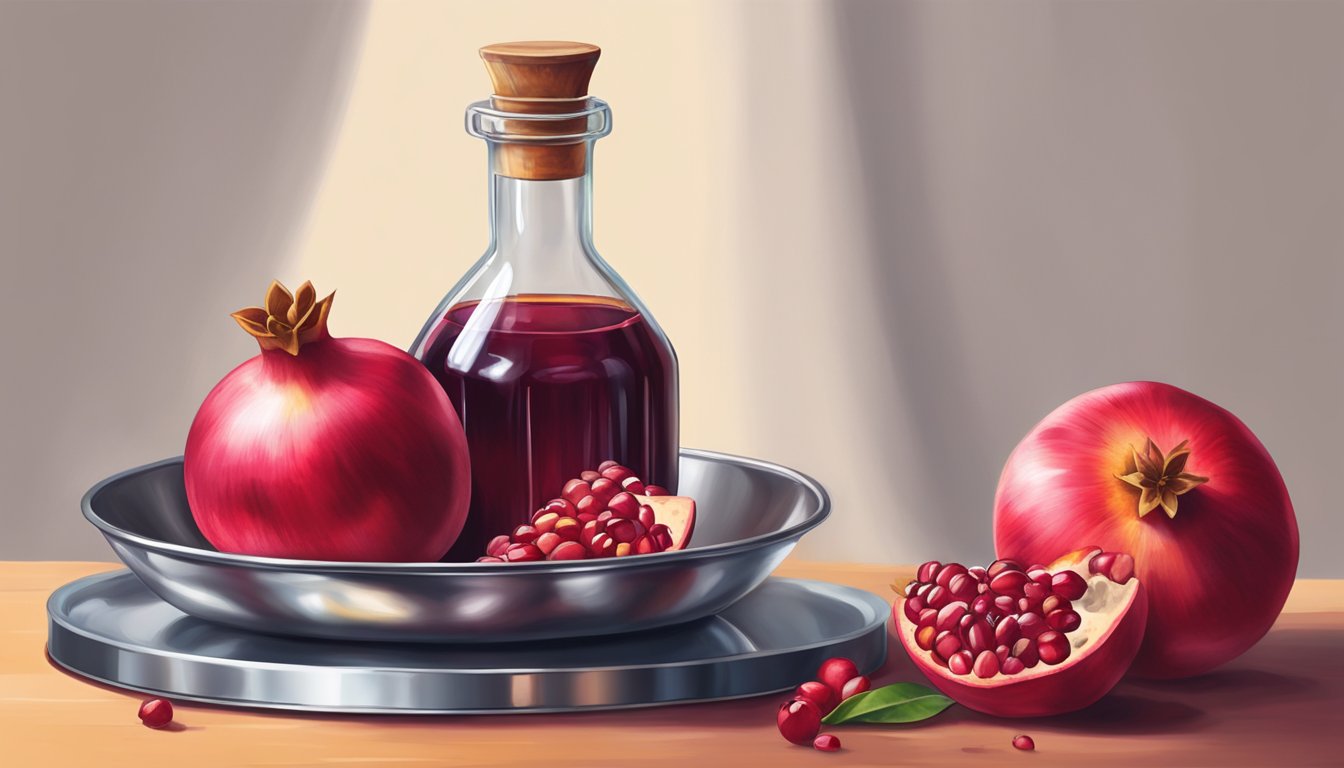 Vibrant pomegranates being gently pressed between two metal plates, releasing a stream of deep red oil into a glass bottle