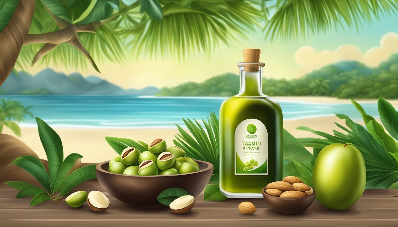 A serene tropical landscape with tamanu fruit and nuts, a cold press machine, and bottles of high-quality tamanu oil