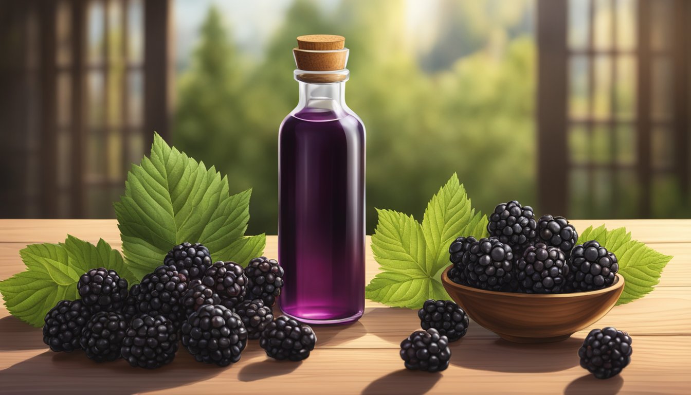 A bottle of Leven Rose Blackberry Seed Oil surrounded by fresh blackberries on a wooden surface, with a soft, natural light illuminating the scene