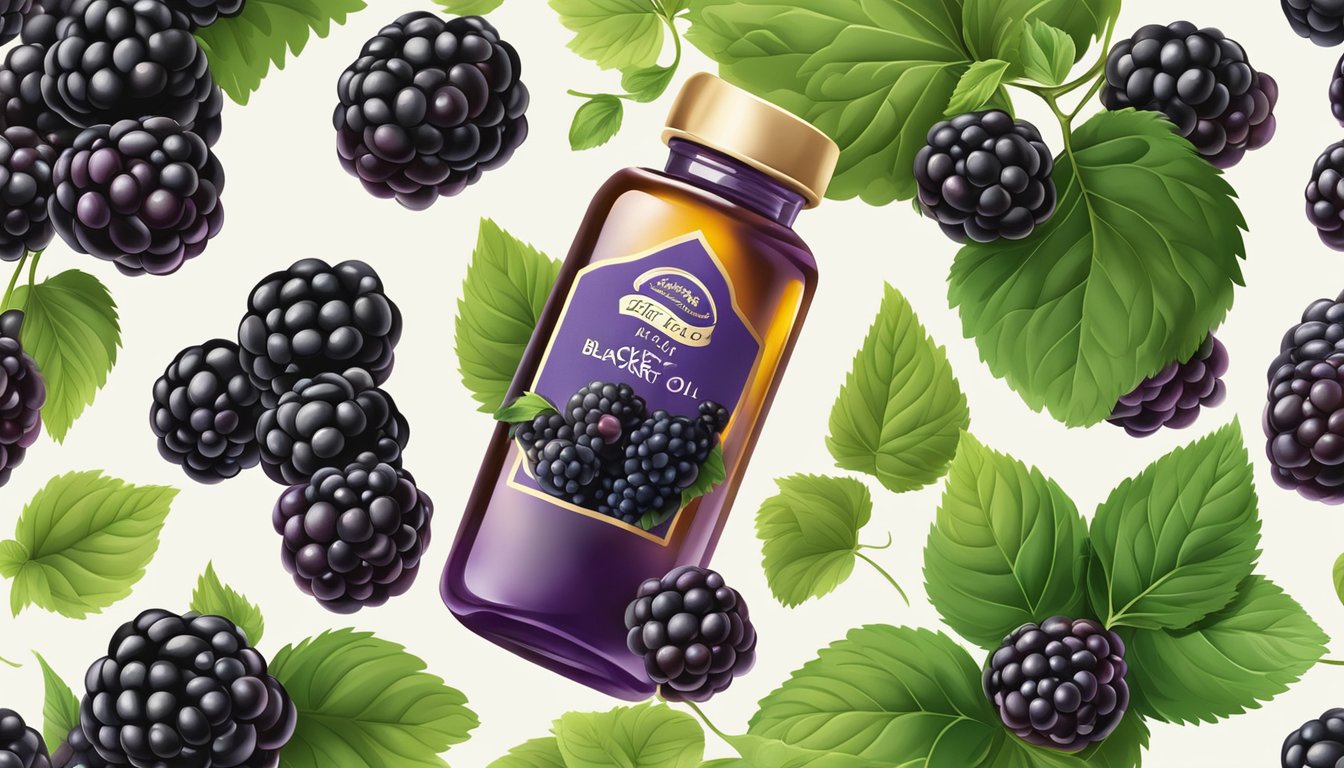 A bottle of Life-Flo Pure Blackberry Oil surrounded by fresh blackberries and blackberry leaves, with a soft glow highlighting the skin rejuvenating properties