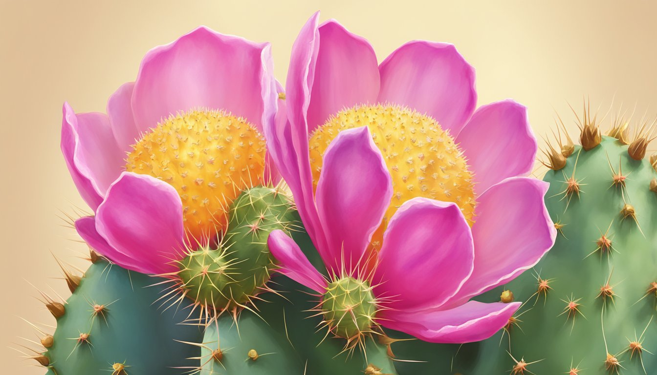 A radiant prickly pear cactus with vibrant pink fruits, surrounded by a golden halo of prickly pear seed oil