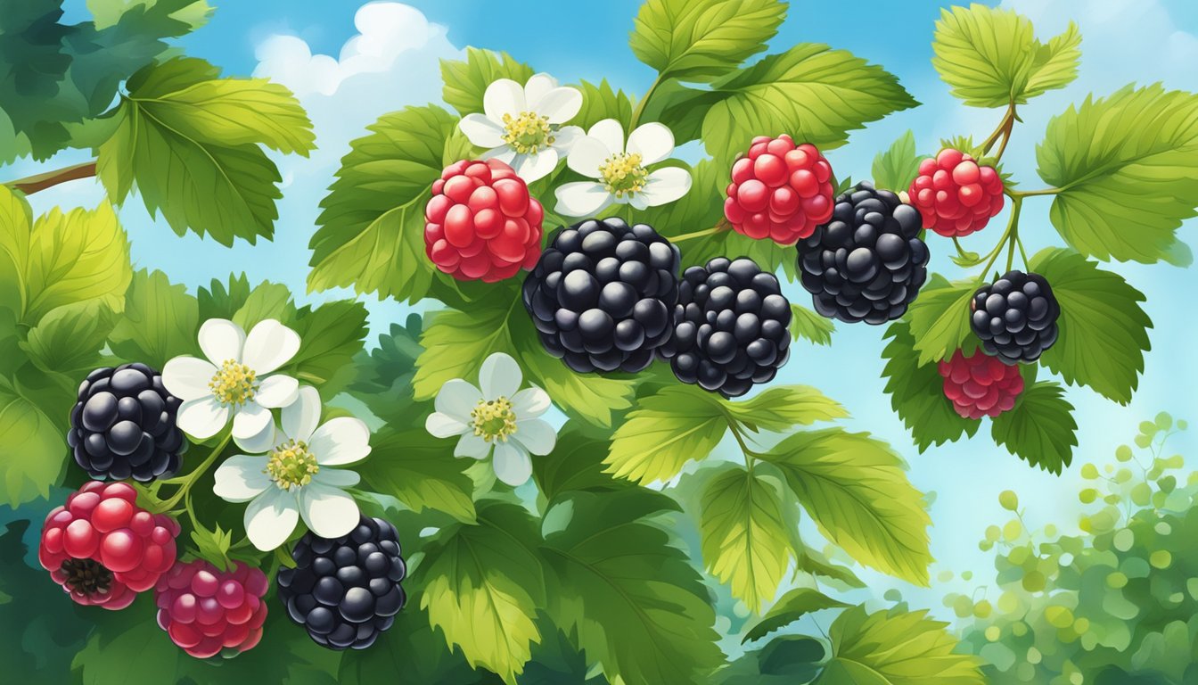 A lush blackberry bush with ripe, glistening berries, surrounded by vibrant green leaves and delicate white flowers, under a clear blue sky