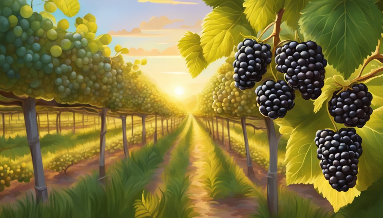 A serene blackberry orchard bathed in golden sunlight, with ripe berries glistening on the vines and a gentle breeze carrying the sweet scent of fruit through the air