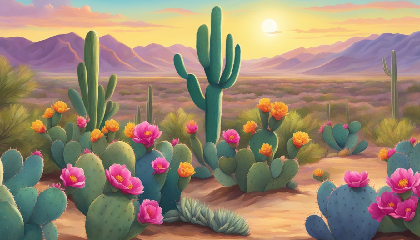 A desert landscape with prickly pear cacti in bloom, showcasing the vibrant colors and beauty of the plant