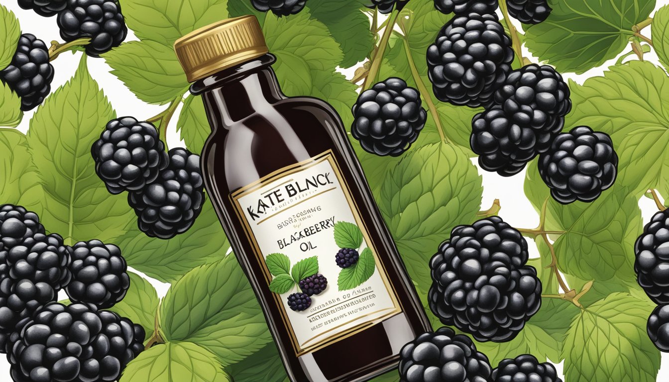 A bottle of Kate Blanc Blackberry Seed Oil surrounded by fresh blackberries and blooming blackberry bushes