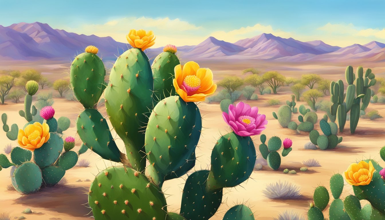 A vibrant prickly pear cactus with ripe fruit and blooming flowers under a bright desert sun