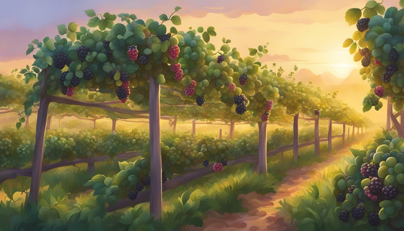 A serene blackberry orchard at sunrise, with dew-covered vines and ripe berries glistening in the soft light