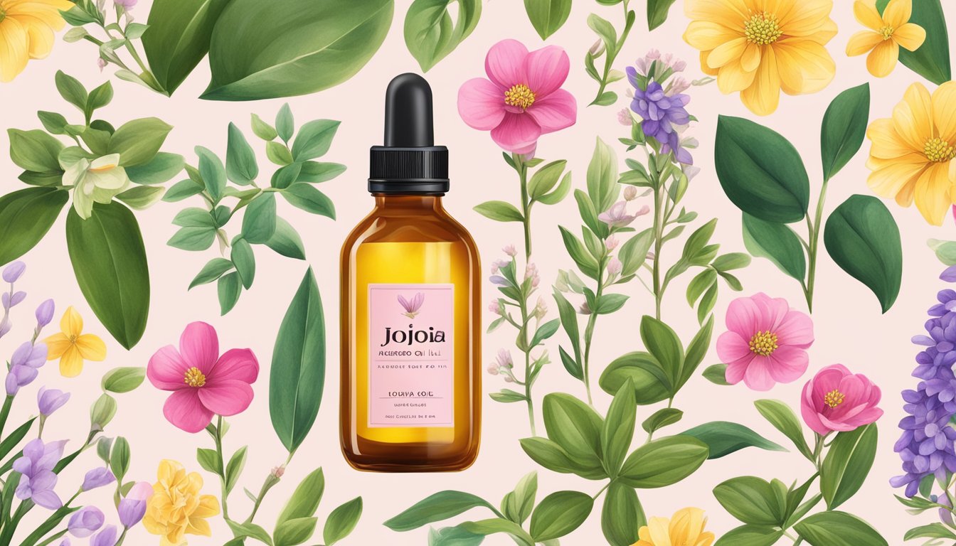 A bottle of Leven Rose Jojoba Oil surrounded by vibrant, healthy-looking plants and flowers